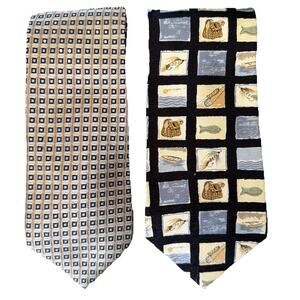 Nautica 2 Silk Neckties Ties Blue Fly Fishing Trout Squares USA Gift Lot Bundle